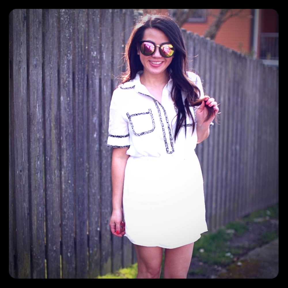 White Shirt Dress w/ Tweed Trim
